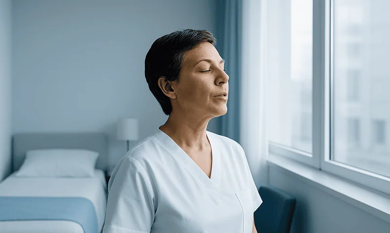 Female patient practicing pelvic floor therapy in a hospital room.