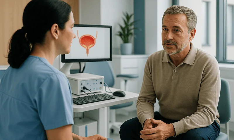 Urologist consulting with a patient about urinary health in a modern clinic.