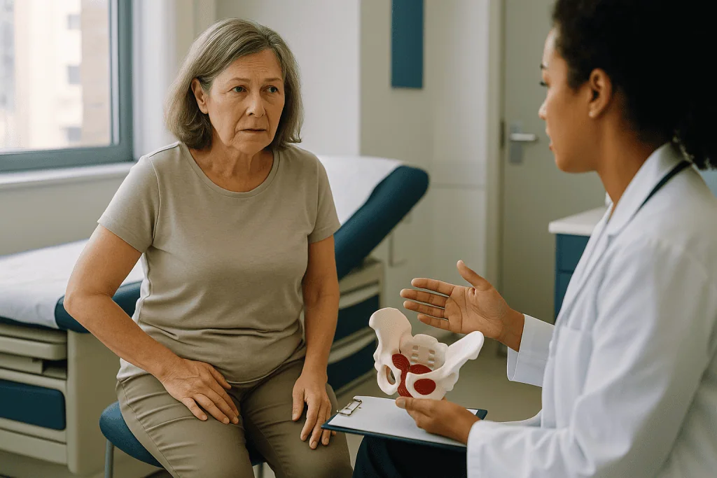 Doctor consulting with middle-aged woman about pelvic anatomy model: Stress vs urge incontinence: why the difference changes