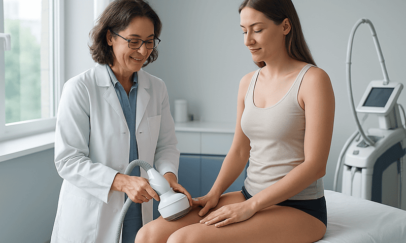 Medical professional performing cellulite treatment on a patient in a clinic.