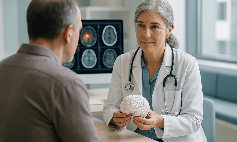 Doctor explaining brain scan results to a patient in a hospital setting.