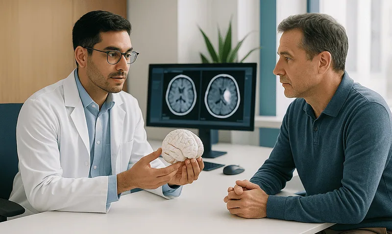Doctor explaining brain scan to patient in a hospital setting.