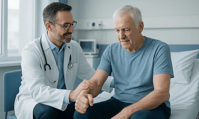 Doctor assisting elderly patient in hospital room for stroke recovery.