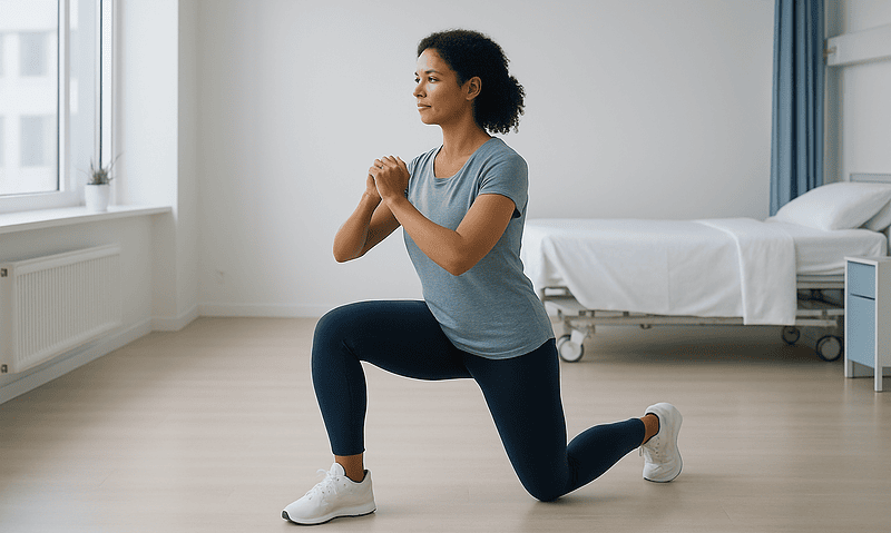 Woman doing knee lunges in a hospital room for stroke recovery exercise.