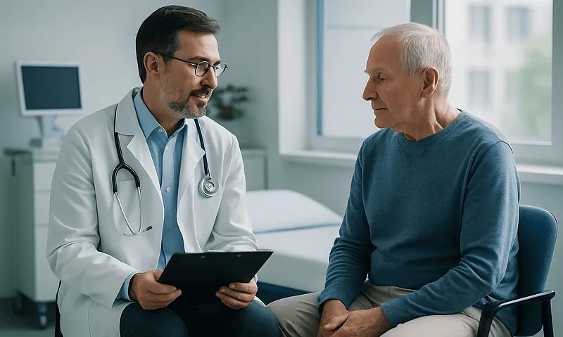 Doctor consulting with an elderly patient in a hospital room.