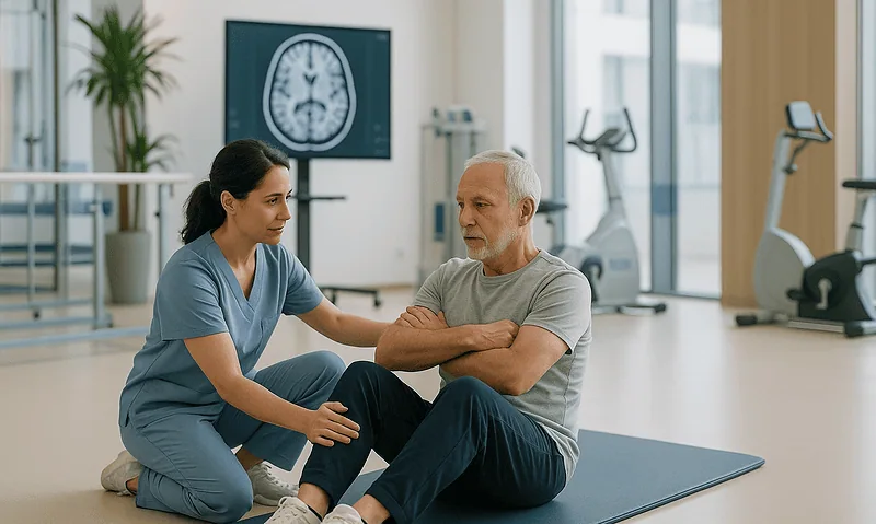 Physical therapist assisting elderly patient during stroke rehabilitation session.