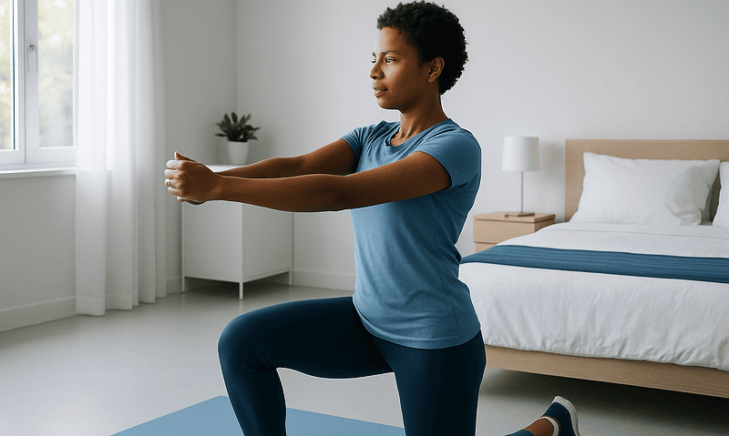 Woman performing physical therapy exercises at home for stroke recovery.