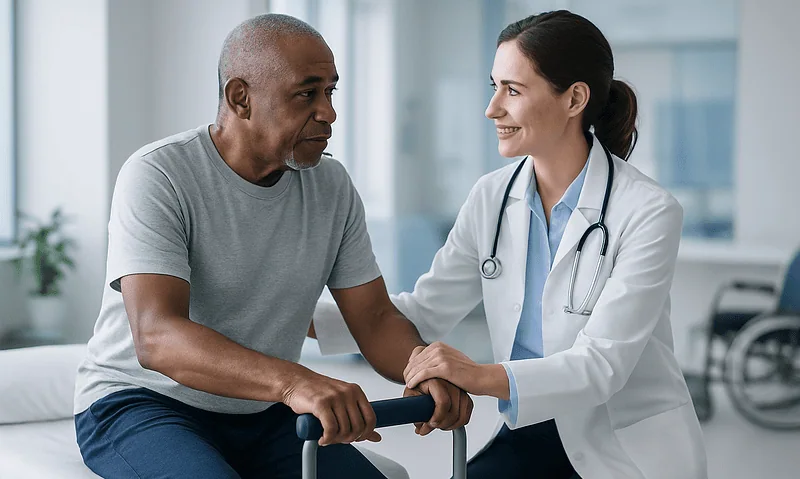 Doctor supporting stroke patient during rehabilitation session at hospital.