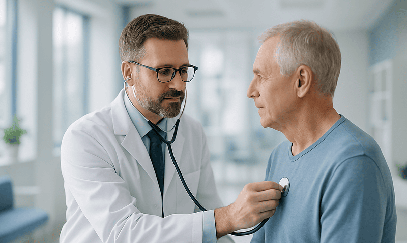 Doctor examining an elderly male patient with a stethoscope in a hospital.