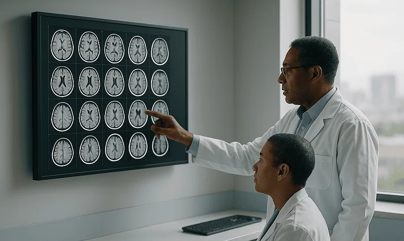 Doctors analyzing brain MRI scans in a hospital setting.