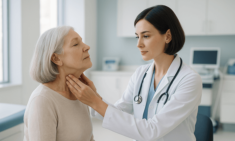 Doctor examining a senior woman's neck in a medical clinic setting.