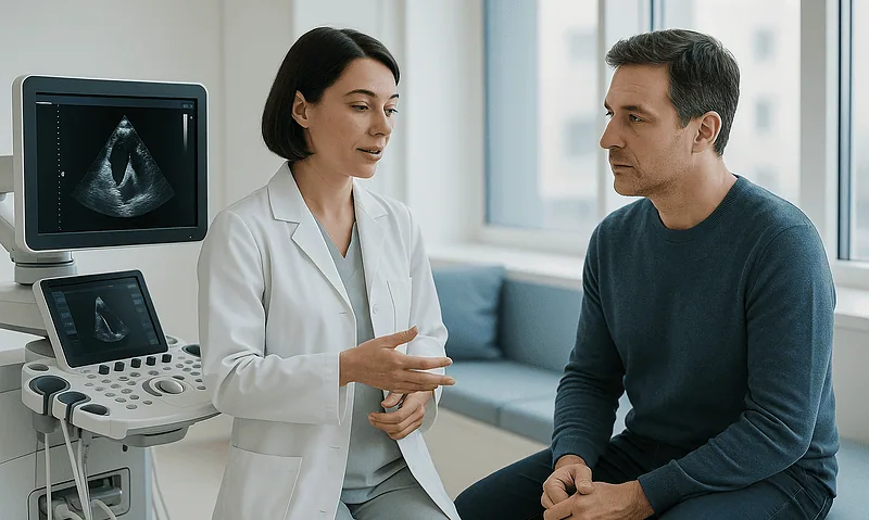 Doctor discussing heart ultrasound results with patient in clinic.