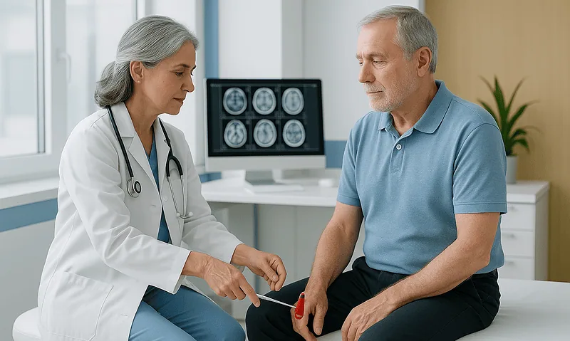 Doctor consulting with an elderly male patient in a hospital setting.