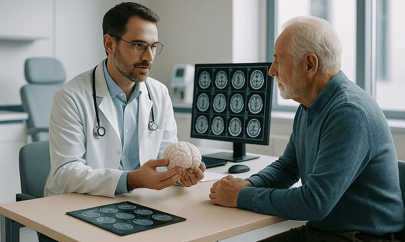 Doctor explaining brain scan to elderly patient in hospital setting.