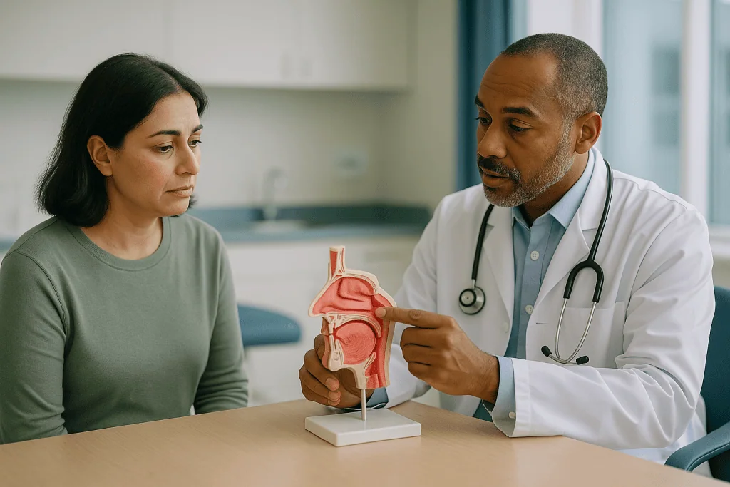 Doctor explaining anatomy model to patient in consultation: Submucous resection vs septoplasty: what's the actual difference