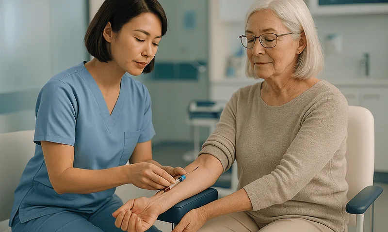 Nurse administering IV to elderly woman in hospital setting.