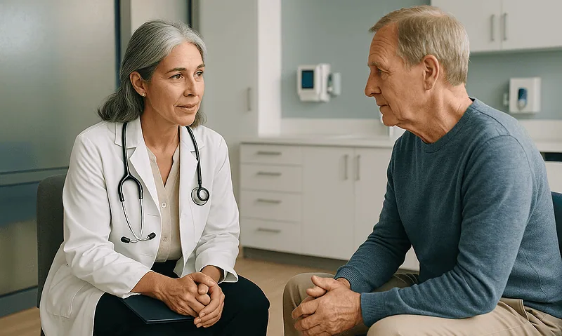 Doctor consulting with an older male patient in a medical office.
