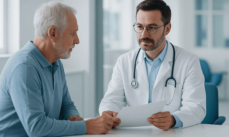 Doctor consulting with elderly patient about eye health in clinic.