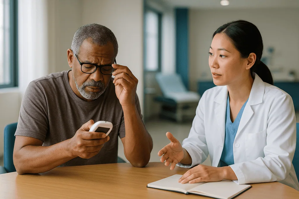 Doctor consulting patient about mobile health reading: Sudden blur: telling a glucose swing from a retinal event