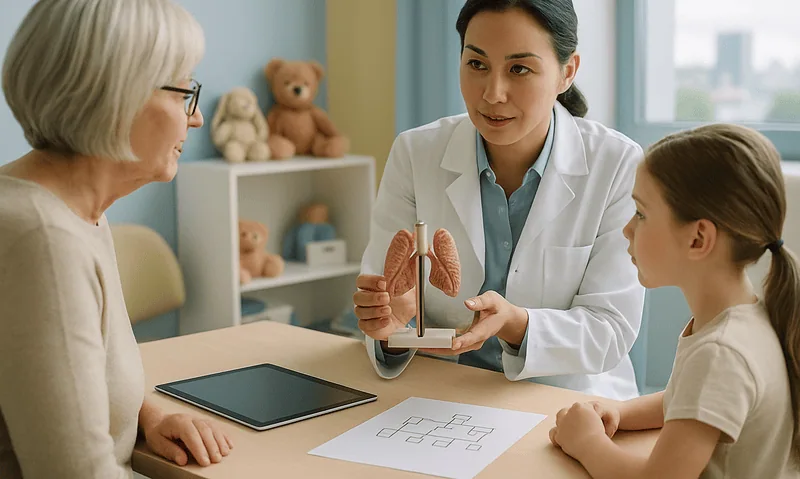 Pediatric doctor explaining to a mother and daughter about infant health.