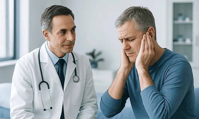 Doctor consulting with a patient experiencing ear ringing symptoms.