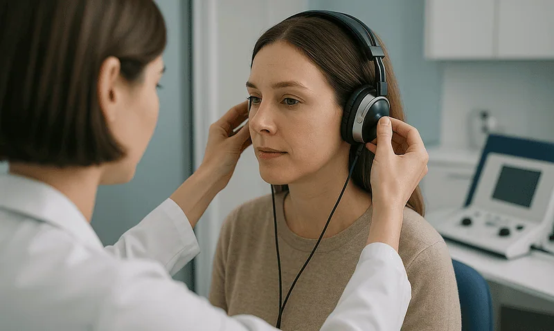 Audiologist examining a patient's hearing with headphones in a clinic setting.
