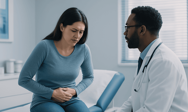 Woman experiencing severe pelvic pain during medical consultation.