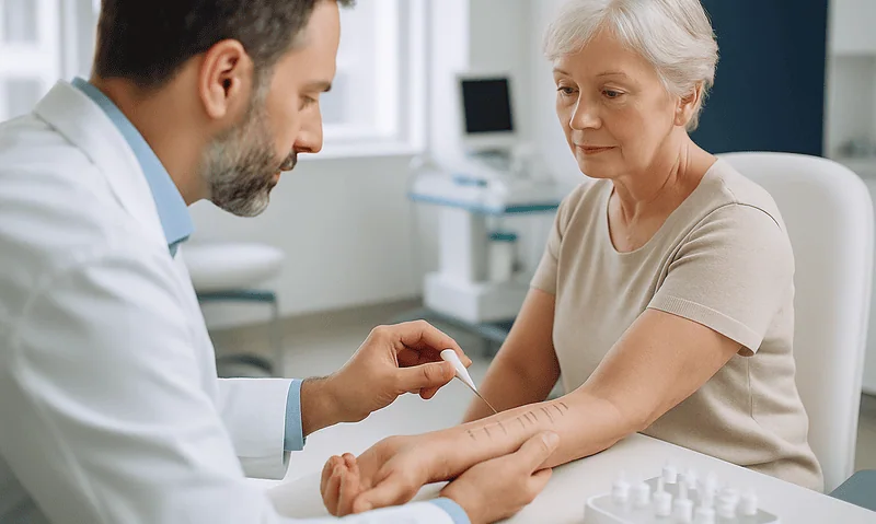 Doctor examining elderly woman's skin in a medical consultation room.