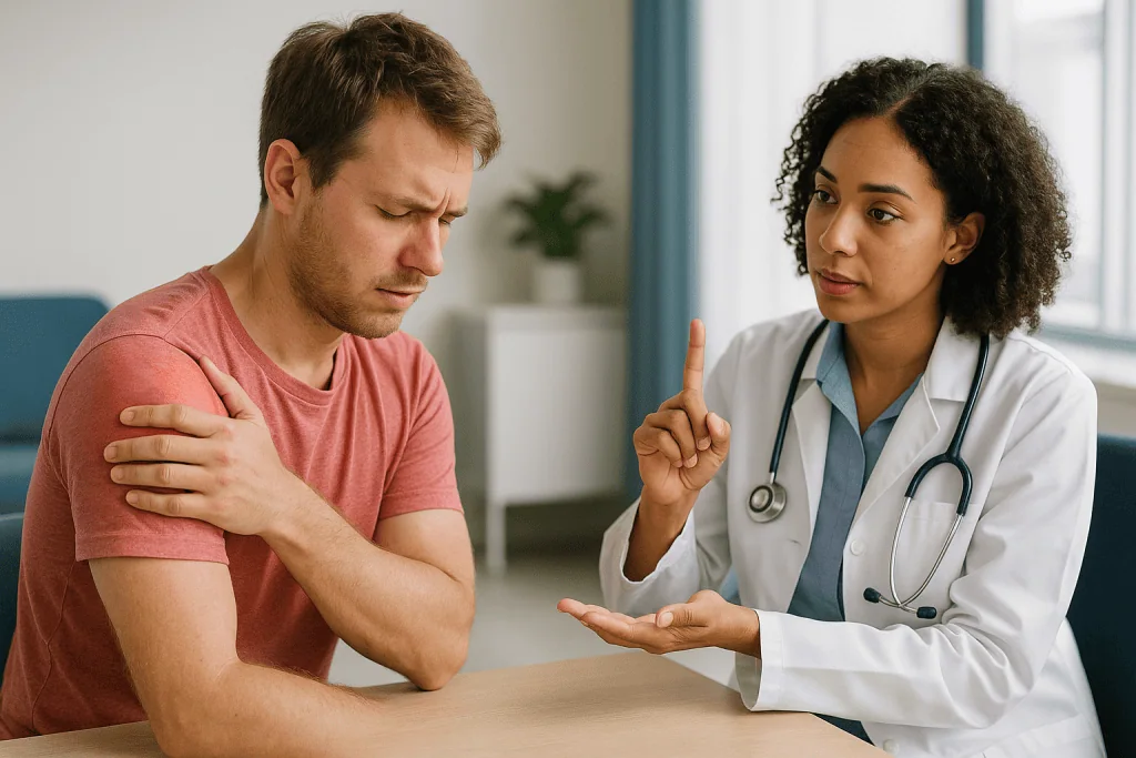 Doctor consulting patient about shoulder or arm pain: Sun poisoning vs sunburn: where doctors draw the line