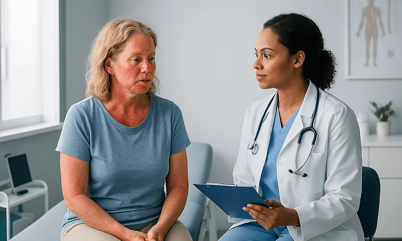 Doctor consulting with middle-aged woman about sun poisoning symptoms.