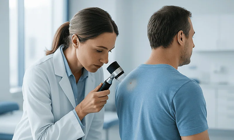 Dermatologist examining patient's skin with a magnifying glass at Acibadem Hospital.