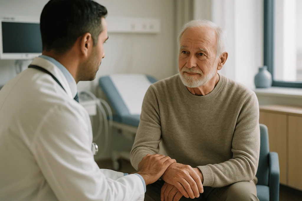 Sunburn 1 Doctor consulting with an elderly male patient in a hospital room.