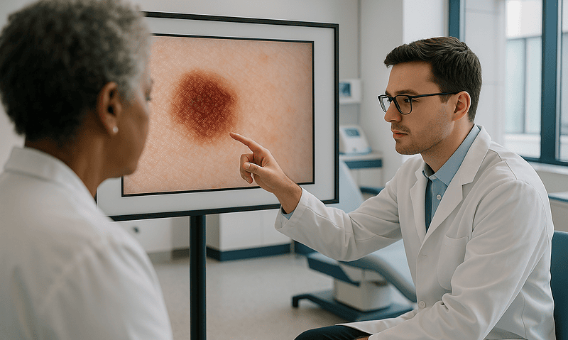 Dermatologist explaining skin melanoma to patient in clinic.