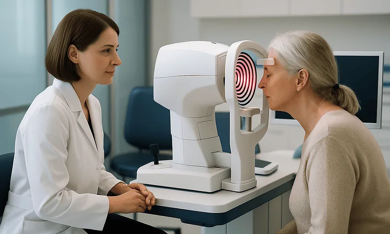 Optometrist performs eye scan on elderly patient at Acibadem Hospital.