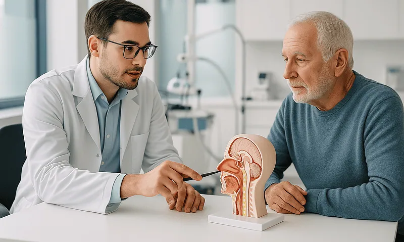ENT specialist explaining ear anatomy to an elderly patient with a model.