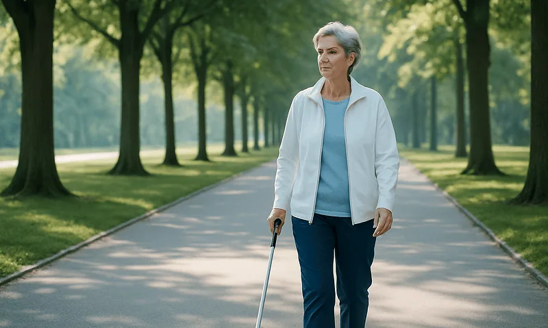 Elderly woman walking with cane in a park with green trees.