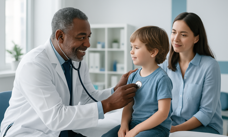 Pediatric doctor examining a young boy with a stethoscope in a clinic.