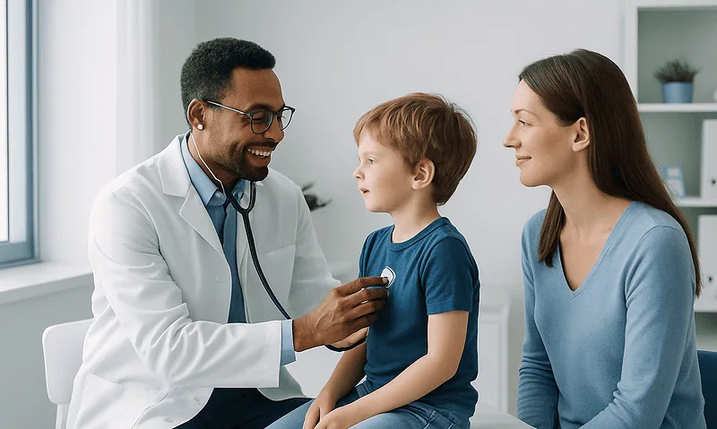 Pediatric doctor examining a young boy with mother present in clinic.