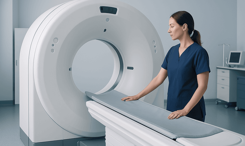 Medical professional preparing a CT scan in a hospital setting.