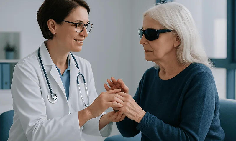 Supporting a Deafblind Family Member: Communication Training, Mobility and Safety Routines 8 Doctor holding elderly woman's hand during consultation at Acibadem Hospital.