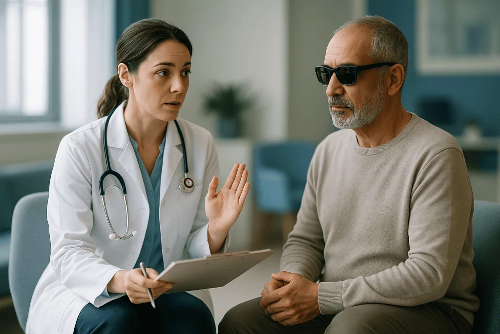 Doctor consulting with male patient wearing sunglasses indoors: Supporting a deafblind family member starts with a specialis