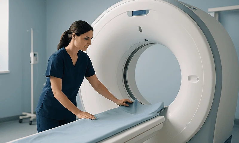 Female healthcare professional prepares MRI scan in a modern hospital room.