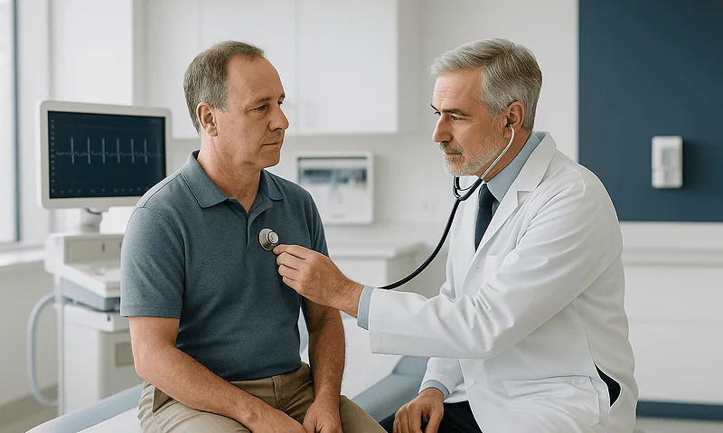 Doctor performs an ECG test on a patient in a hospital setting.