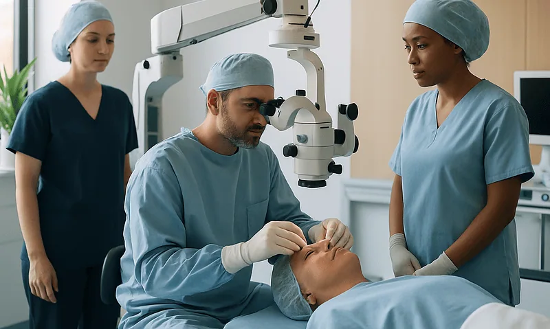 Surgeons performing a delicate eye surgery with advanced microscope equipment.