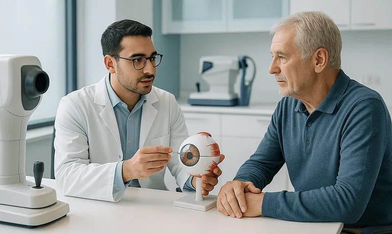 Ophthalmologist explaining eye anatomy to an elderly patient in a clinic.