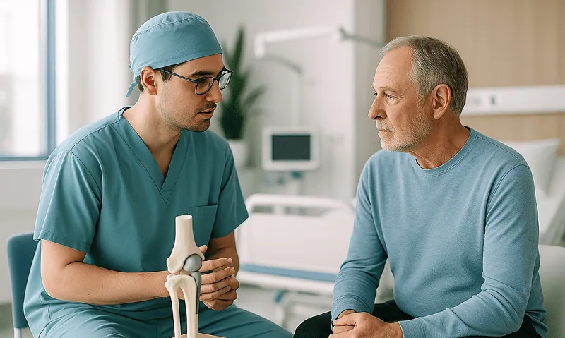Doctor explaining knee joint model to senior patient in hospital.