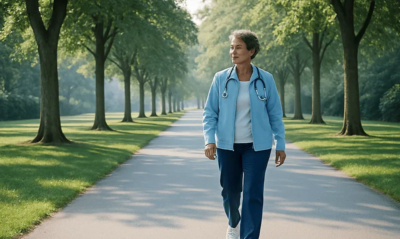 Healthcare professional walking outdoors in a park with trees and sunlight.