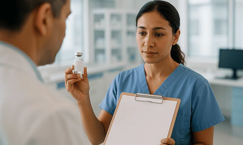Medical professional explaining medication to patient in hospital setting.