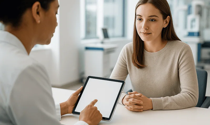 Doctor consulting with a patient in a modern medical office.