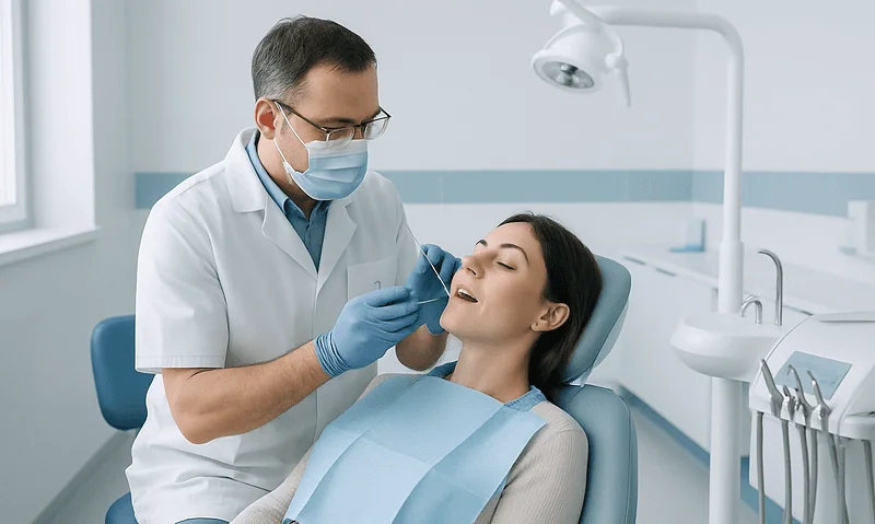 Dentist examining a patient in a modern dental clinic.
